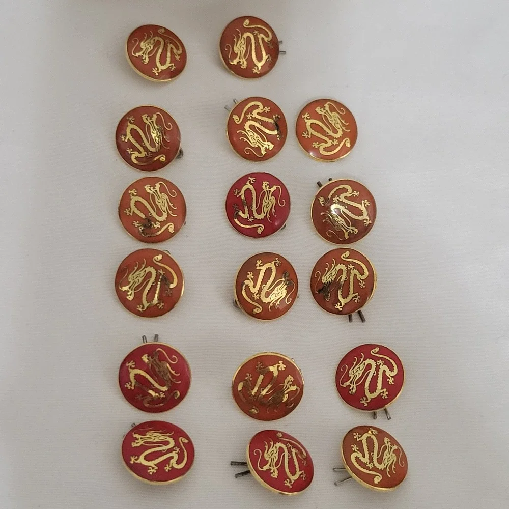 Vtg La Mode Dragon Enamel Metal Shank Buttons Lot of 17 Red Orange Gold Tone NOS